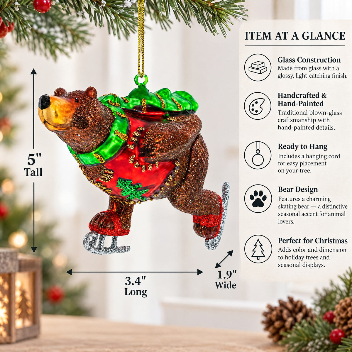 Skating Bear Glass Christmas Ornament