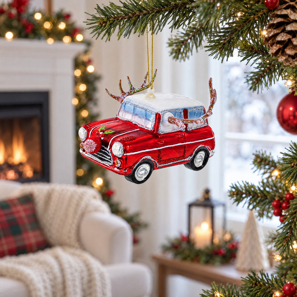 Car Decked Out with Nose & Antlers Glass Christmas Ornament
