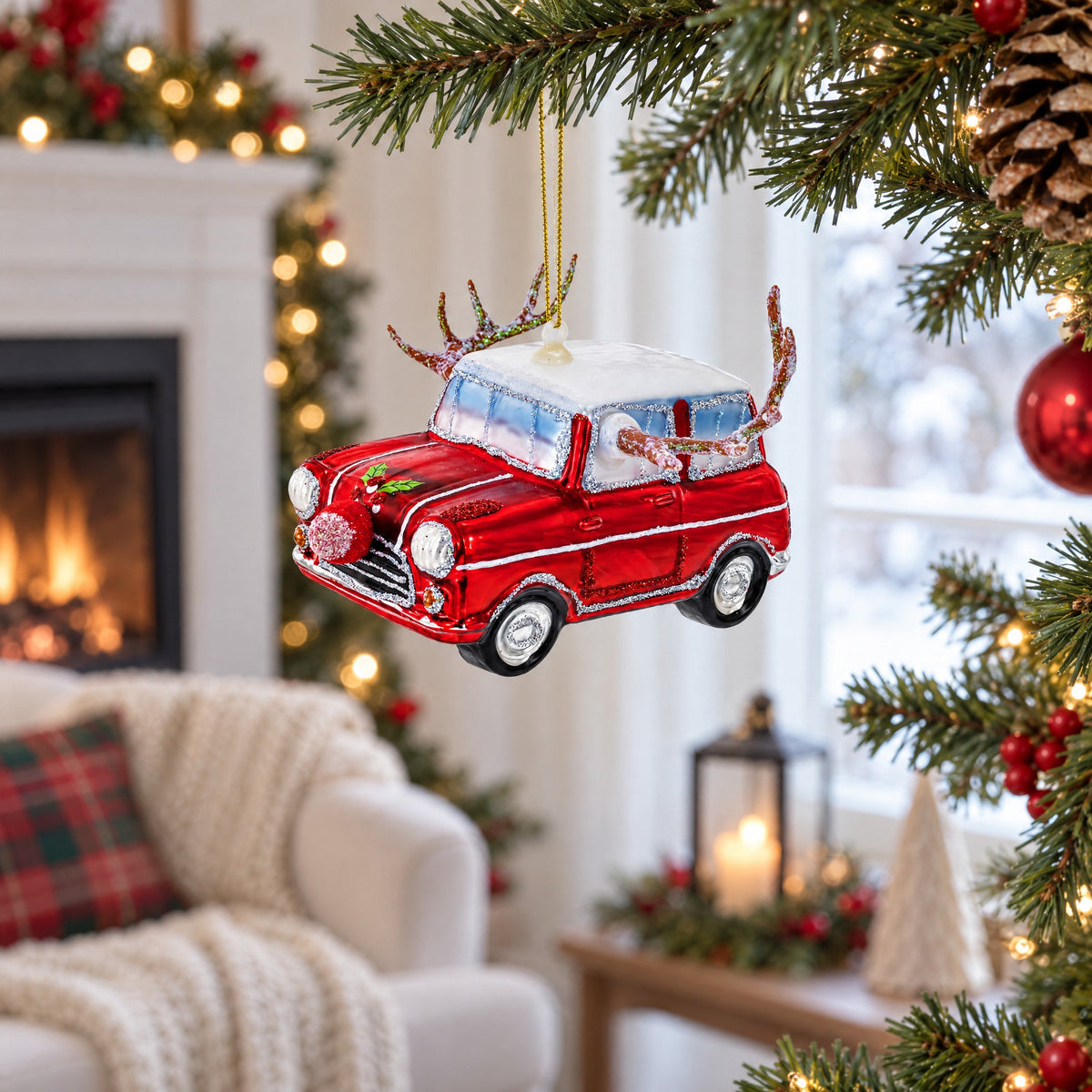 Car Decked Out with Nose & Antlers Glass Christmas Ornament