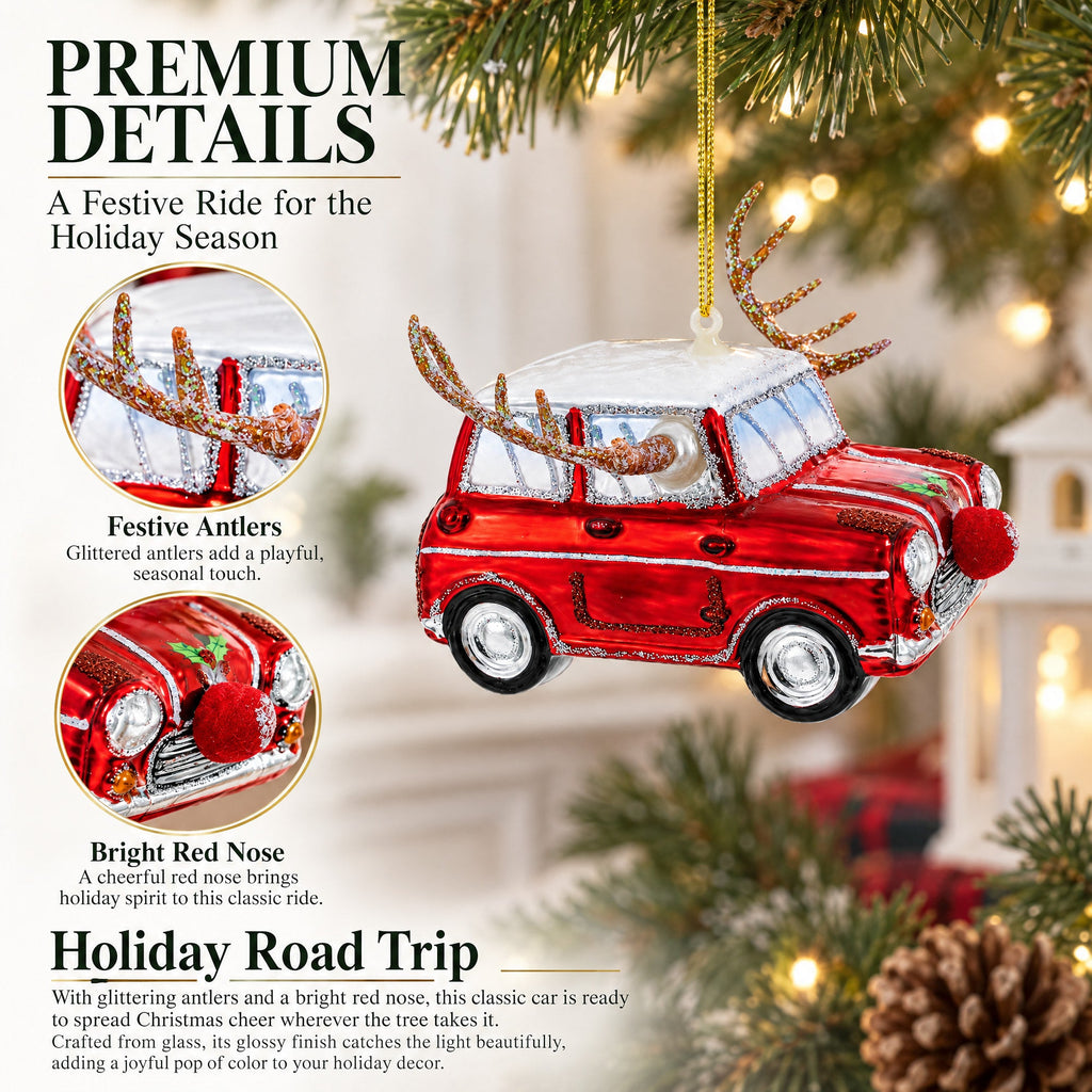 Car Decked Out with Nose & Antlers Glass Christmas Ornament