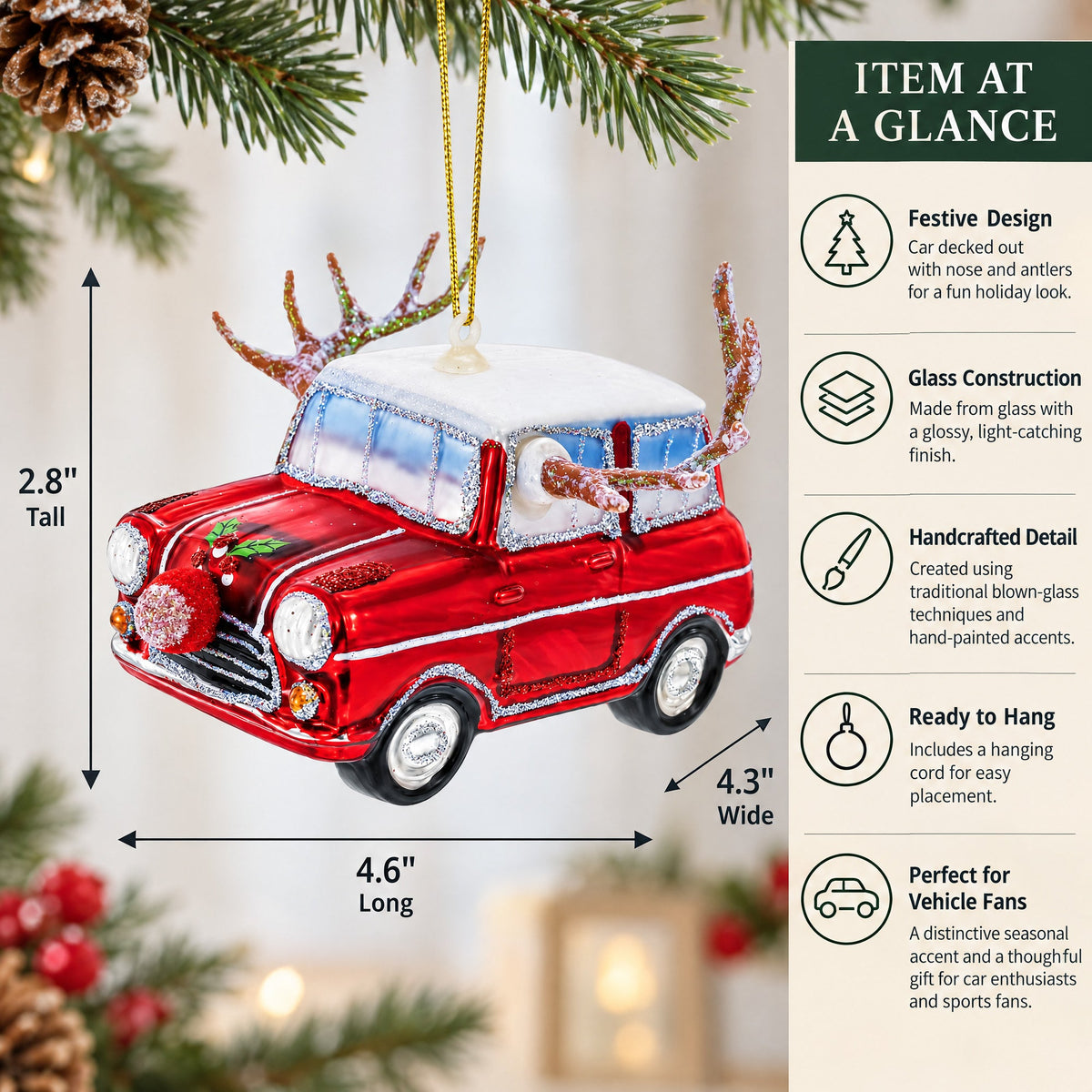 Car Decked Out with Nose & Antlers Glass Christmas Ornament