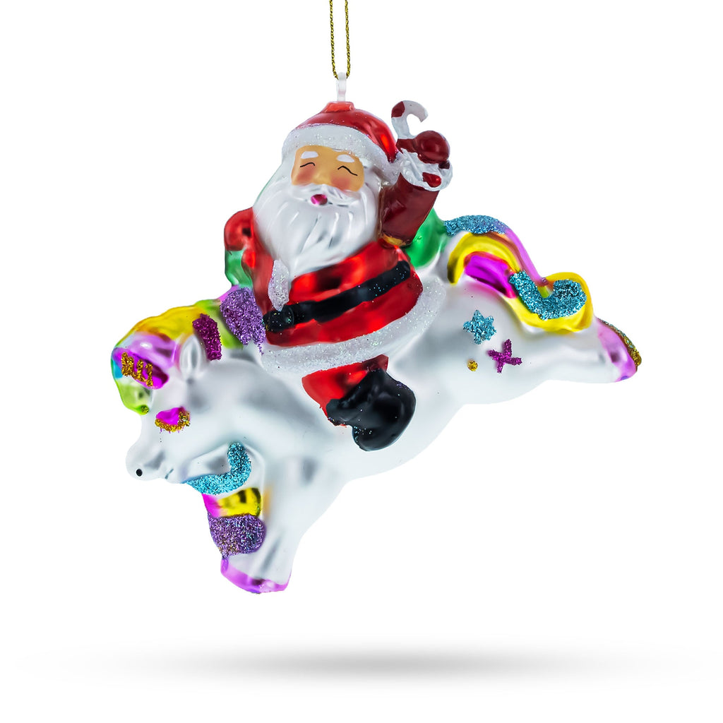 Santa Riding Rainbow Unicorn Glass Christmas Ornament
