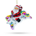 Santa Riding Rainbow Unicorn Glass Christmas Ornament