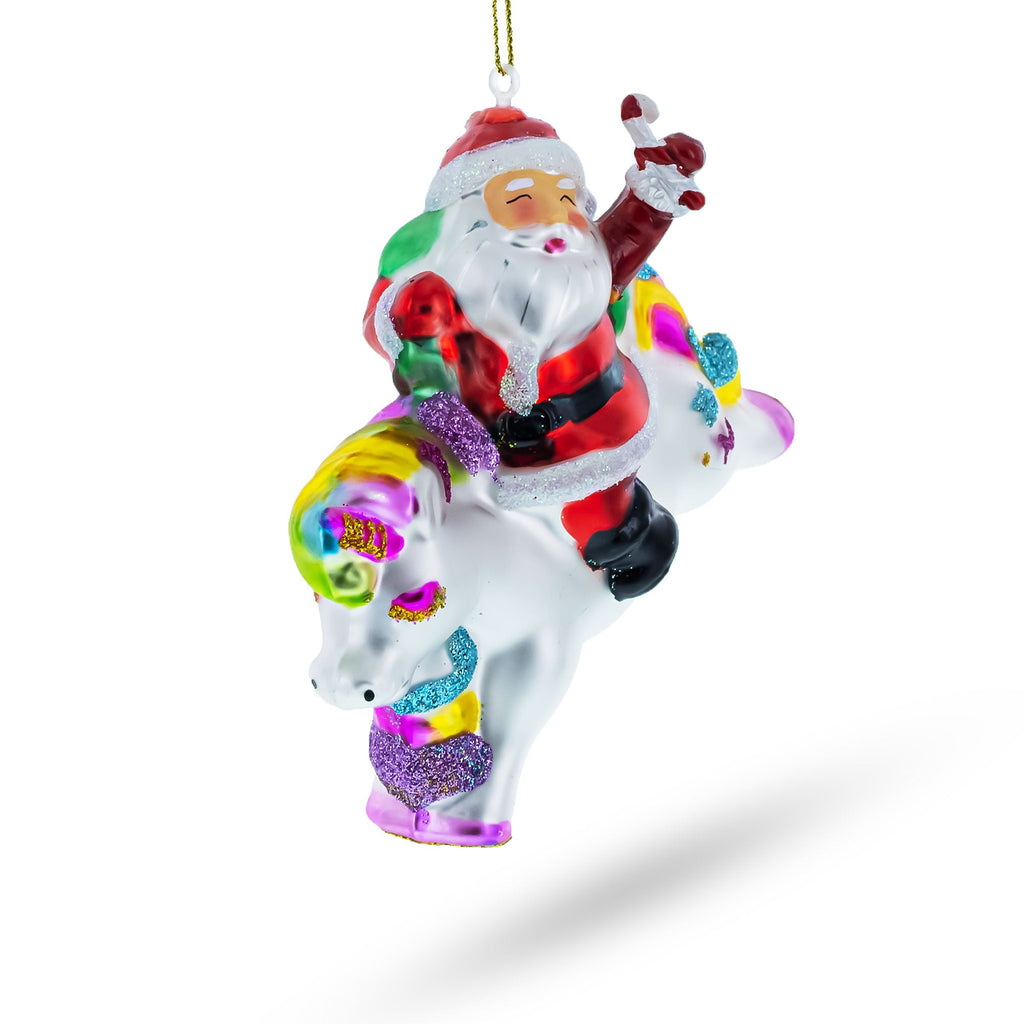 Santa Riding Rainbow Unicorn Glass Christmas Ornament