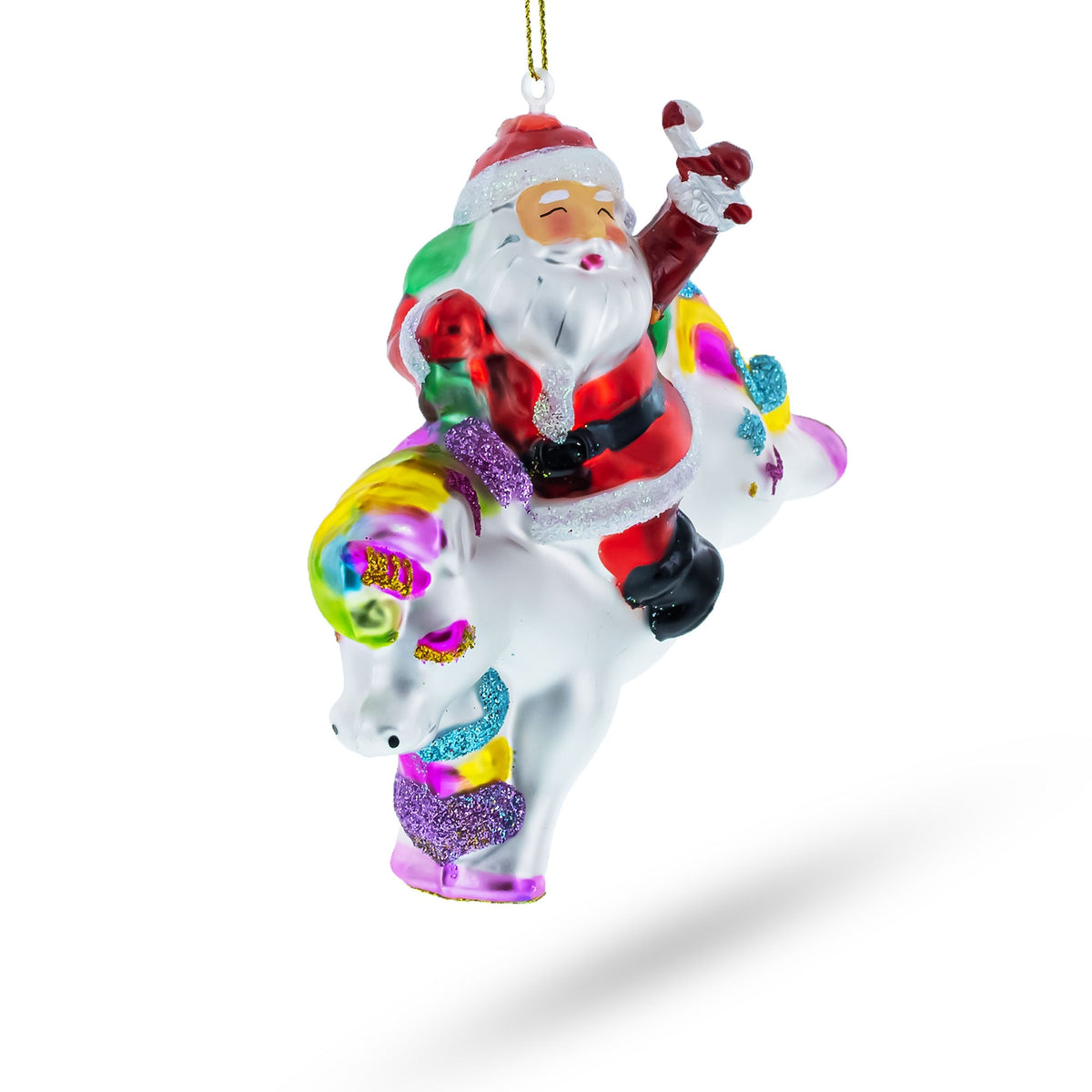 Santa Riding Rainbow Unicorn Glass Christmas Ornament