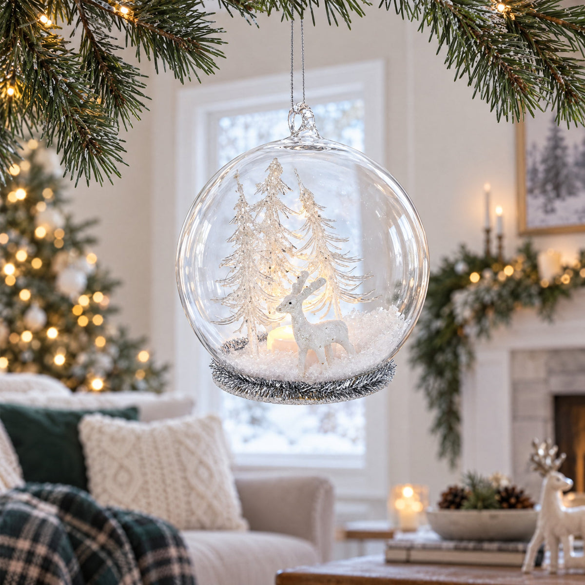 Winter Forest Snow Globe with White Deer Glass Christmas Ornament