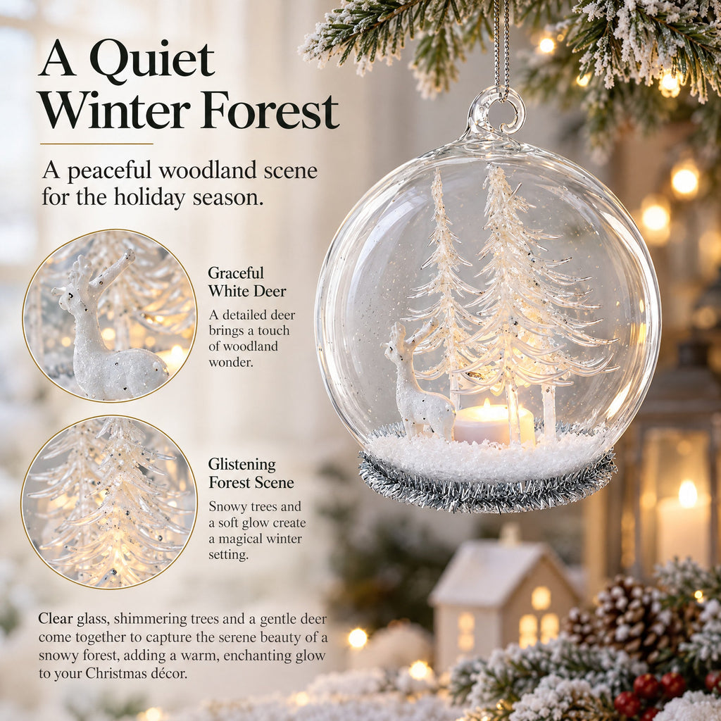 Winter Forest Snow Globe with White Deer Glass Christmas Ornament