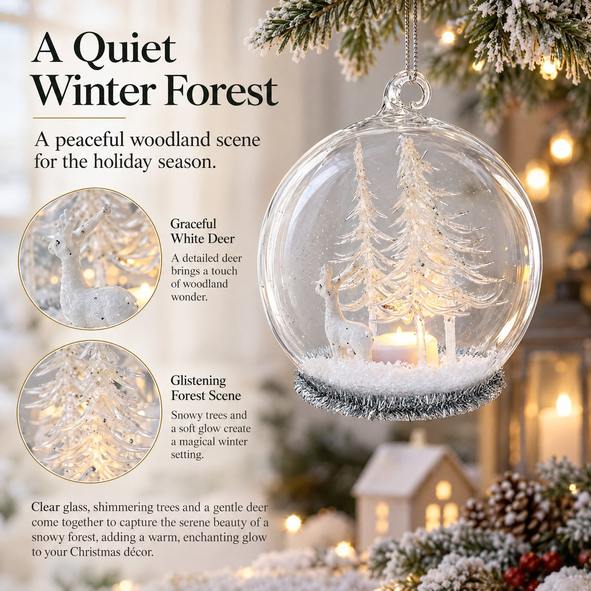 Winter Forest Snow Globe with White Deer Glass Christmas Ornament