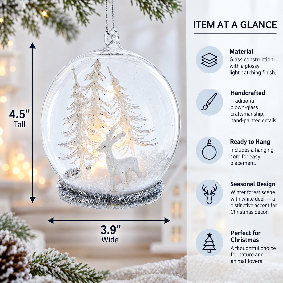Winter Forest Snow Globe with White Deer Glass Christmas Ornament