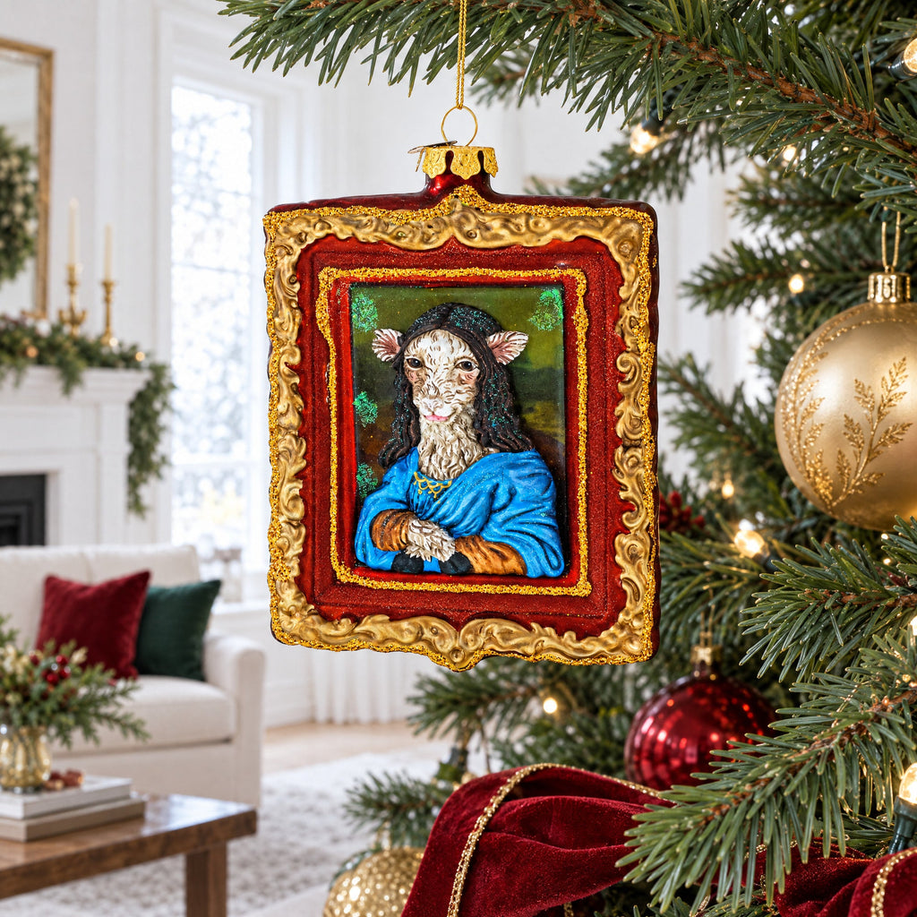 Mona Lisa Sheep Glass Christmas Ornament