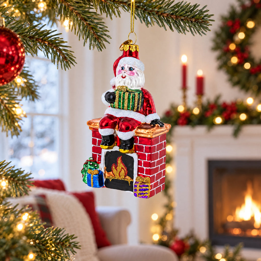 Santa Delivering Presents Down the Chimney Glass Christmas Ornament