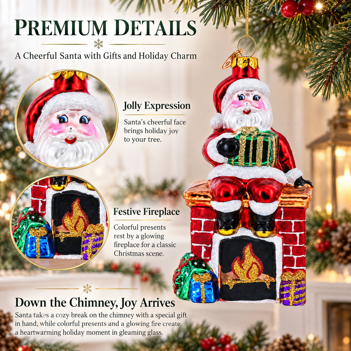 Santa Delivering Presents Down the Chimney Glass Christmas Ornament