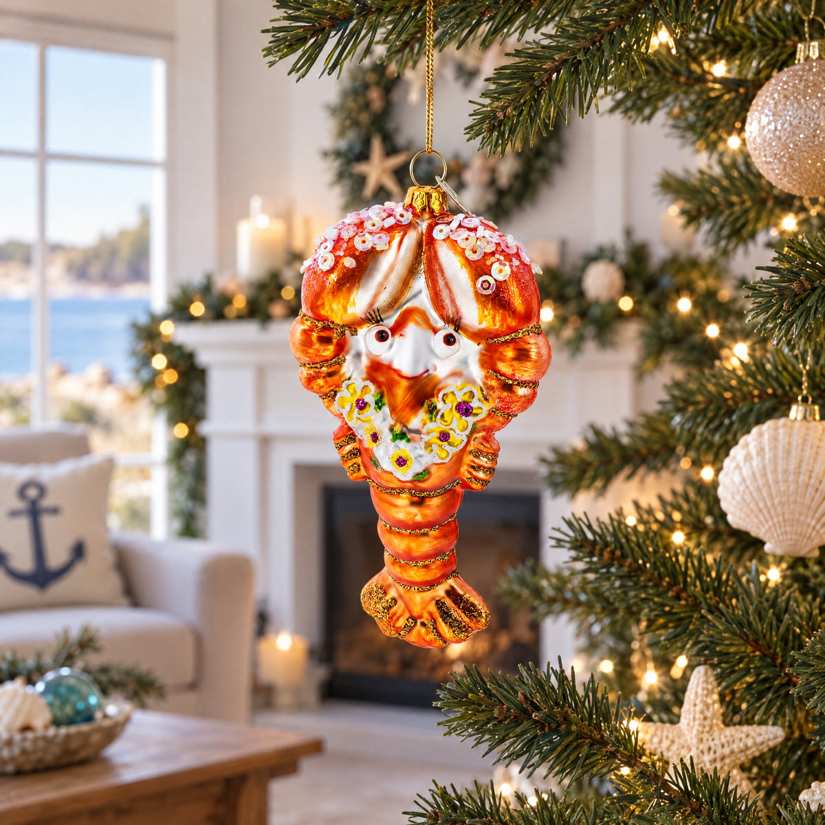 Lobster with Beads Glass Christmas Ornament