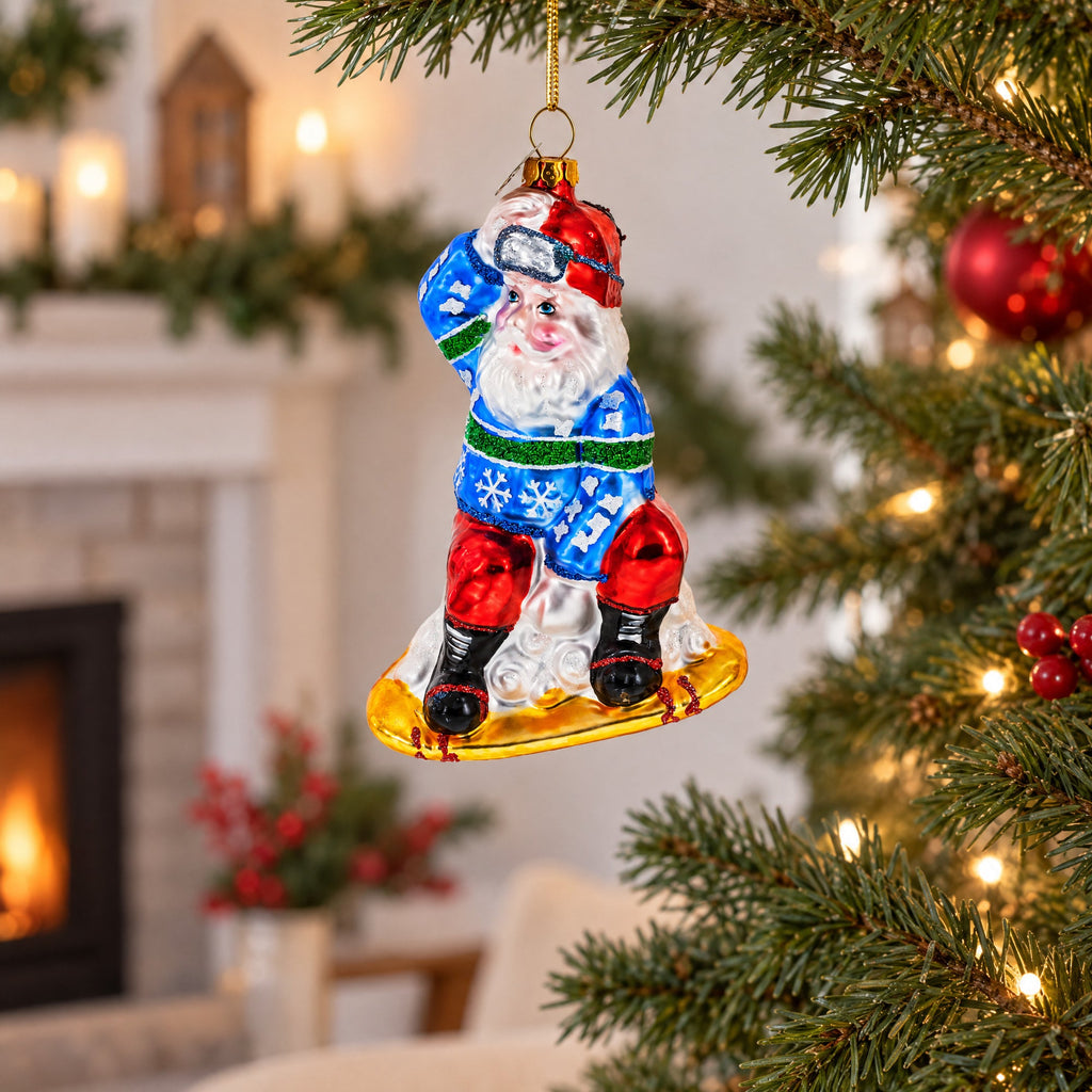 Snowboarding Santa Glass Christmas Ornament