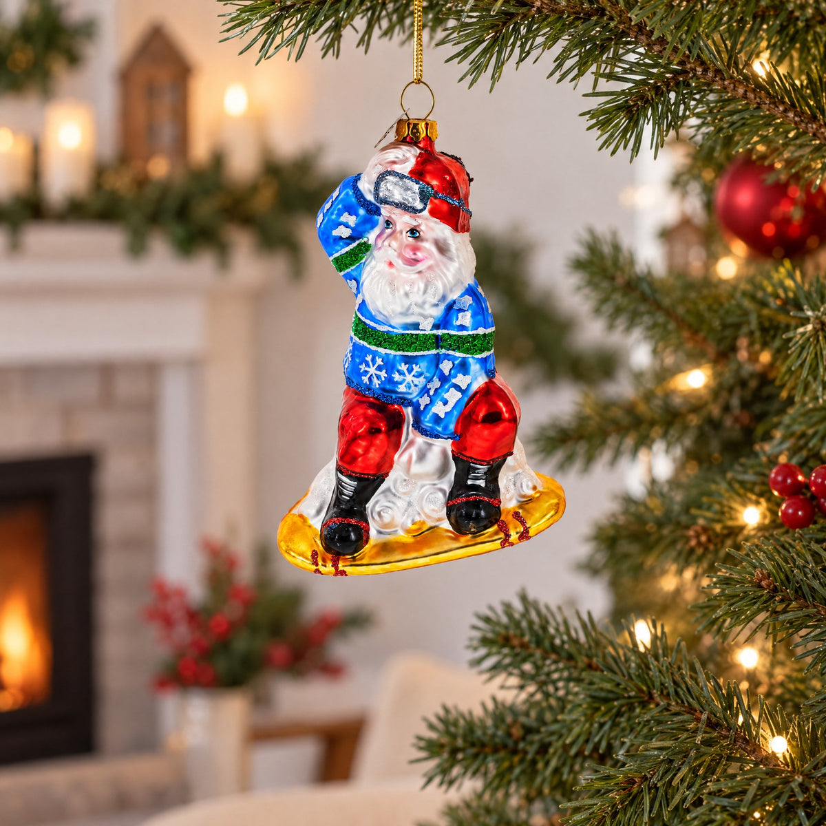 Snowboarding Santa Glass Christmas Ornament
