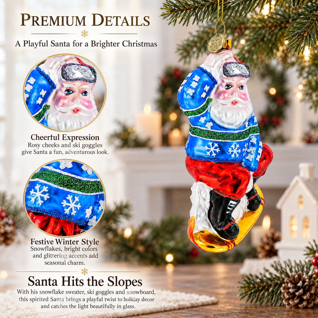 Snowboarding Santa Glass Christmas Ornament