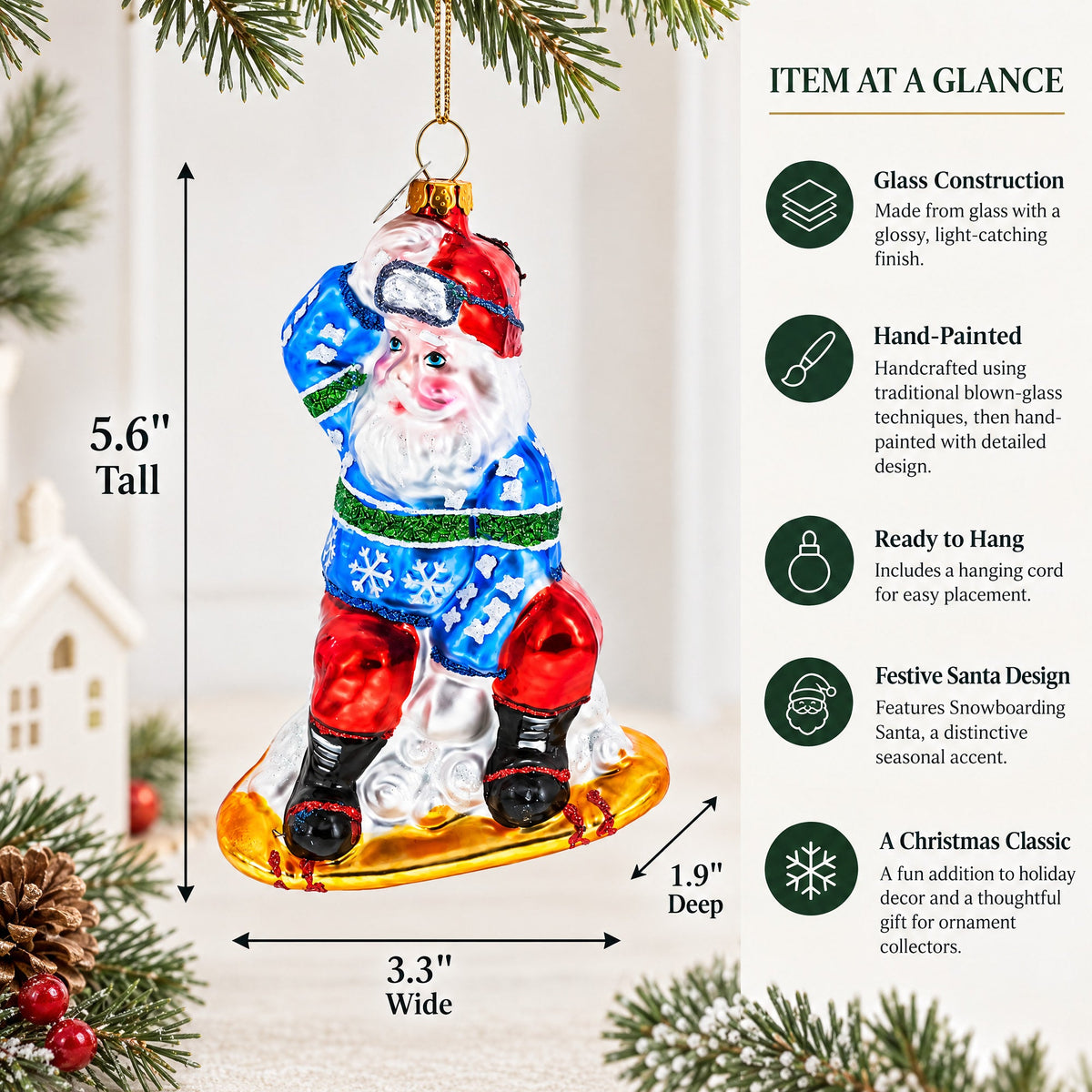Snowboarding Santa Glass Christmas Ornament