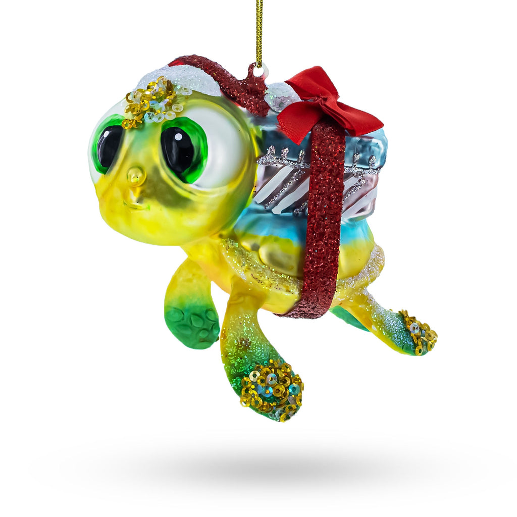 Baby Turtle Carrying Gifts Glass Christmas Ornament