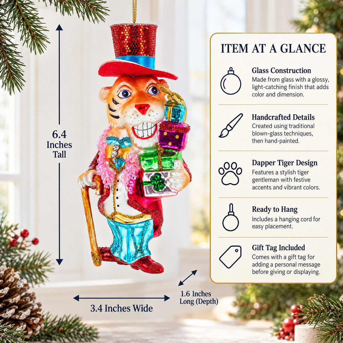Dapper Tiger Gentleman Glass Christmas Ornament