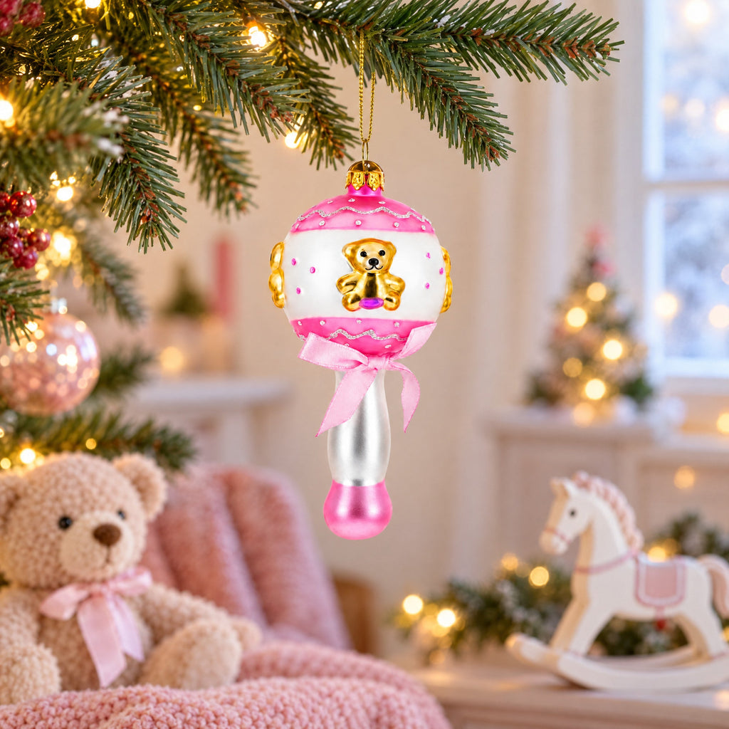 Delightful Baby Pink Rattle Glass Christmas Ornament