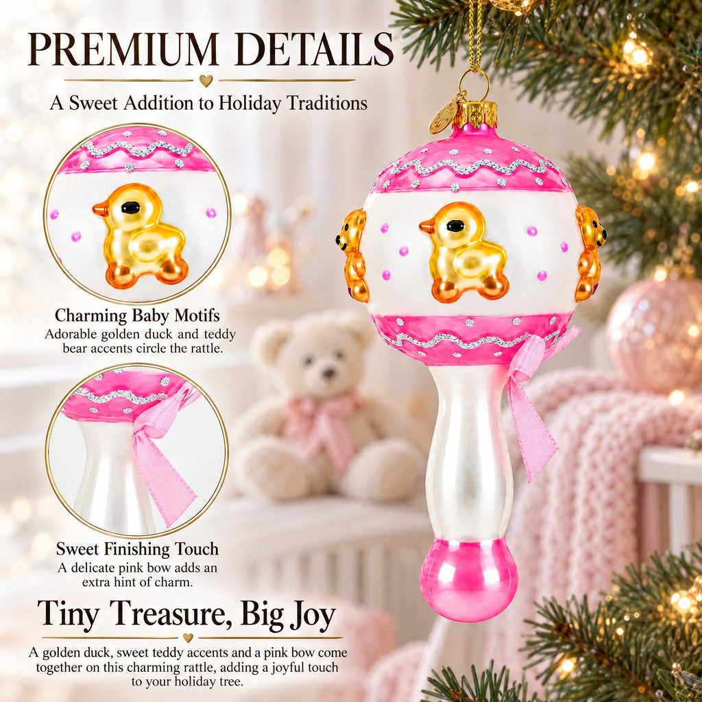 Delightful Baby Pink Rattle Glass Christmas Ornament