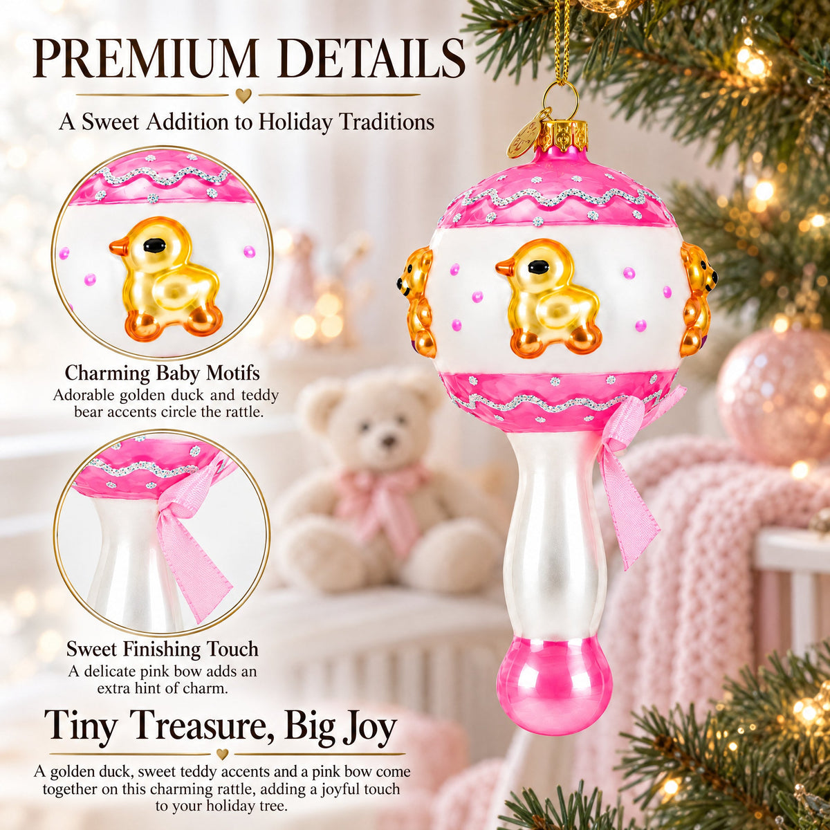 Delightful Baby Pink Rattle Glass Christmas Ornament