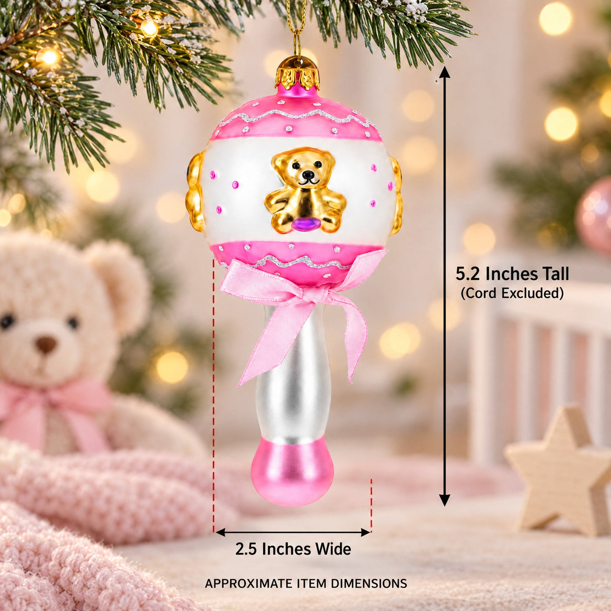 Delightful Baby Pink Rattle Glass Christmas Ornament