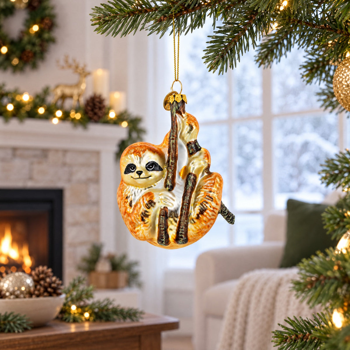 Hanging Sloth Glass Christmas Ornament