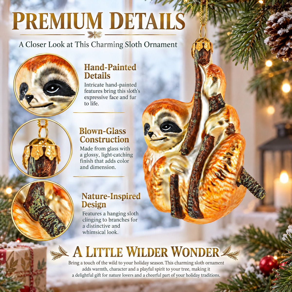 Hanging Sloth Glass Christmas Ornament