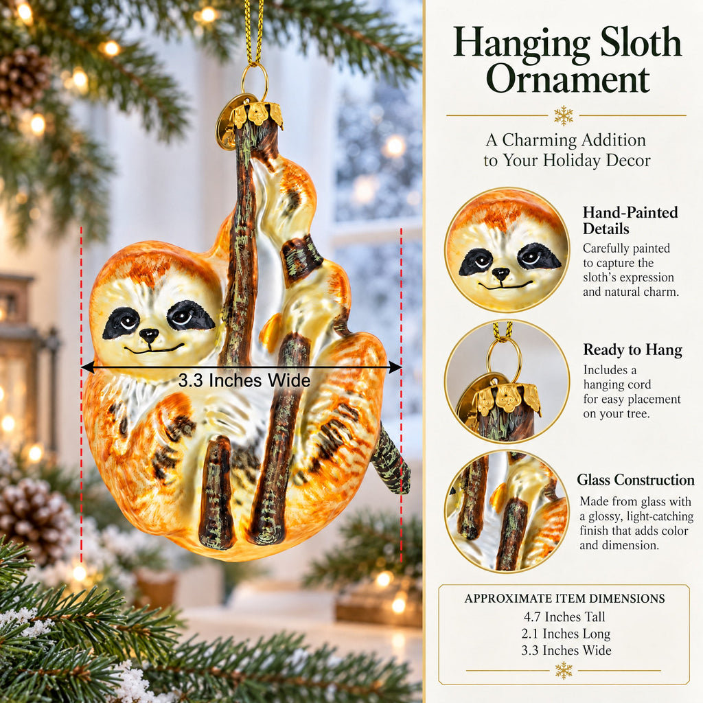 Hanging Sloth Glass Christmas Ornament