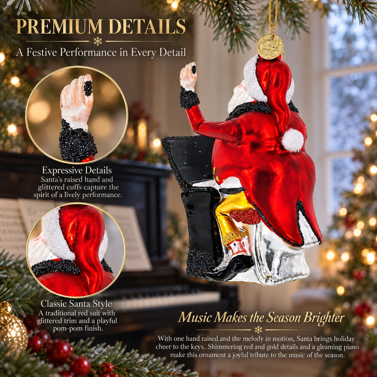 Santa Piano Performance Glass Christmas Ornament
