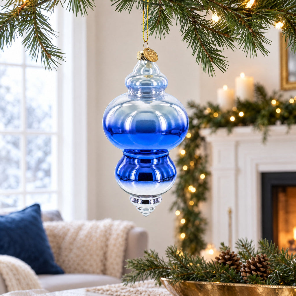 Silver-Topped Blue Finial Glass Christmas Ornament