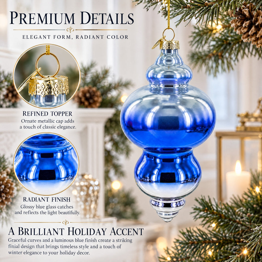 Silver-Topped Blue Finial Glass Christmas Ornament