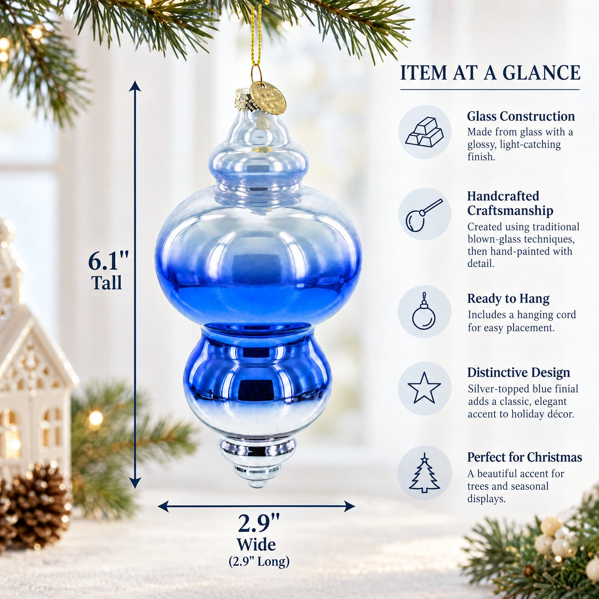 Silver-Topped Blue Finial Glass Christmas Ornament