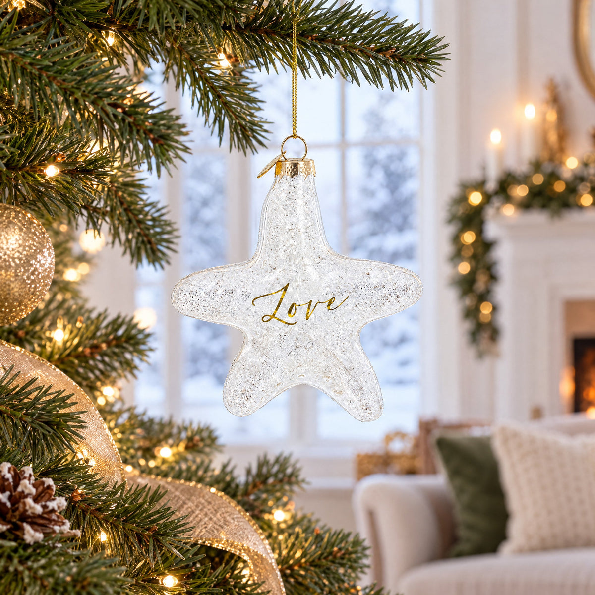 Radiant White Star "Love" Glass Christmas Ornament
