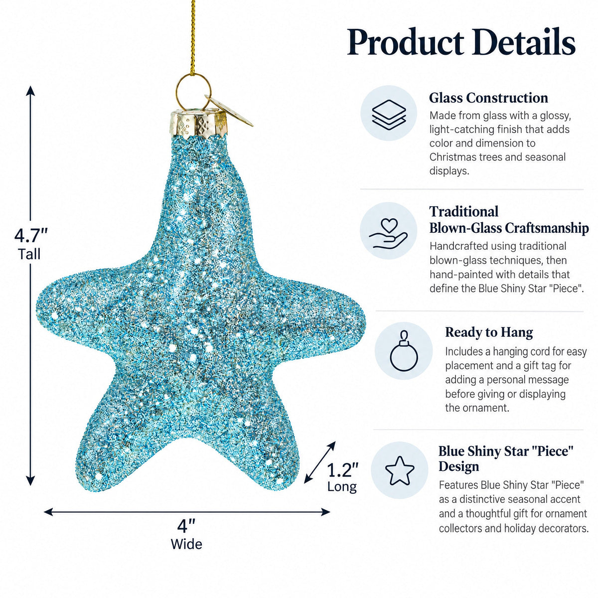 Blue Shiny Star "Piece" Glass Christmas Ornament