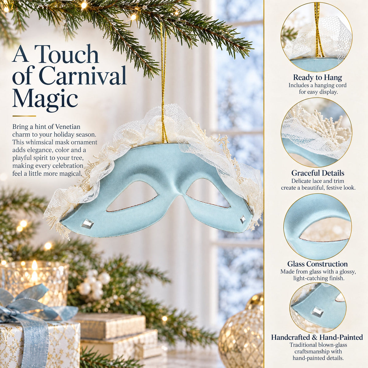 Whimsical Carnival Mask Glass Christmas Ornament