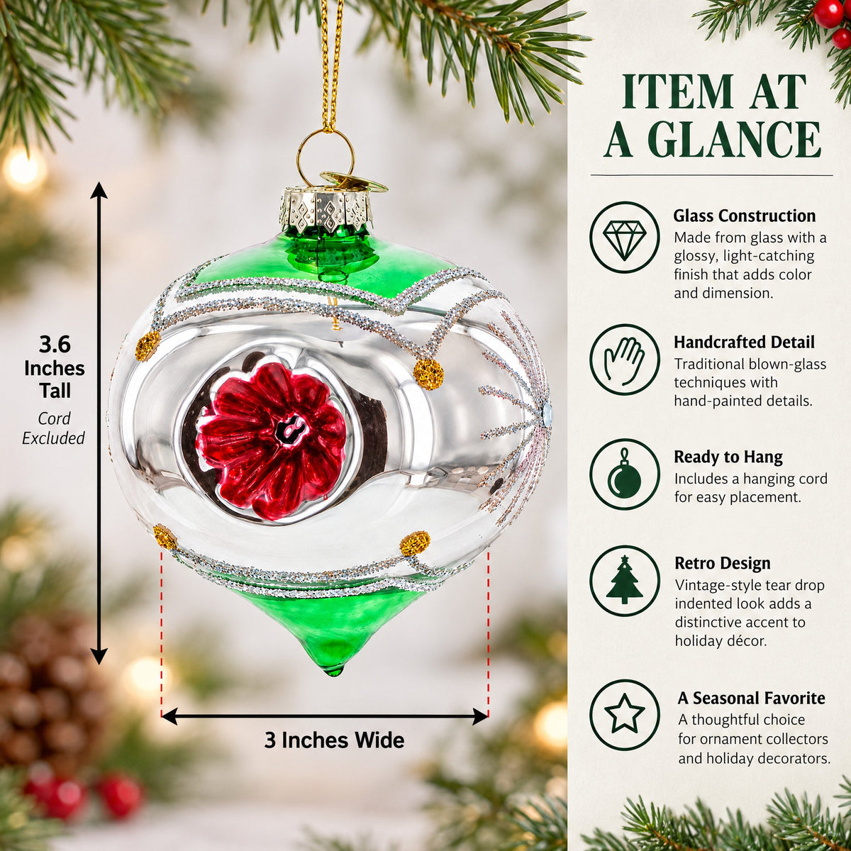 Vintage-Style Tear Drop Indented Glass Christmas Ornament