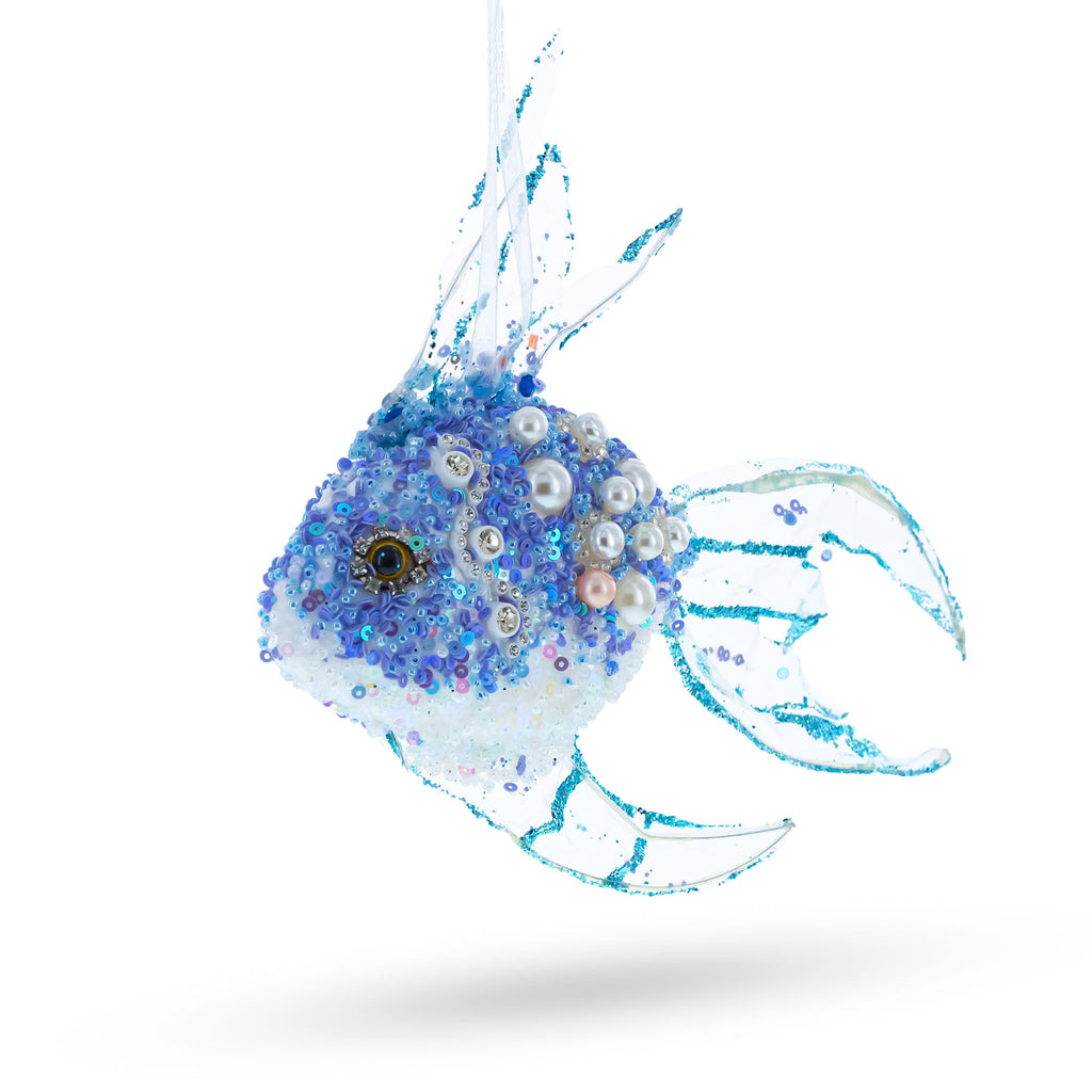 Beaded Blue Coral Reef Fish Glass Christmas Ornament