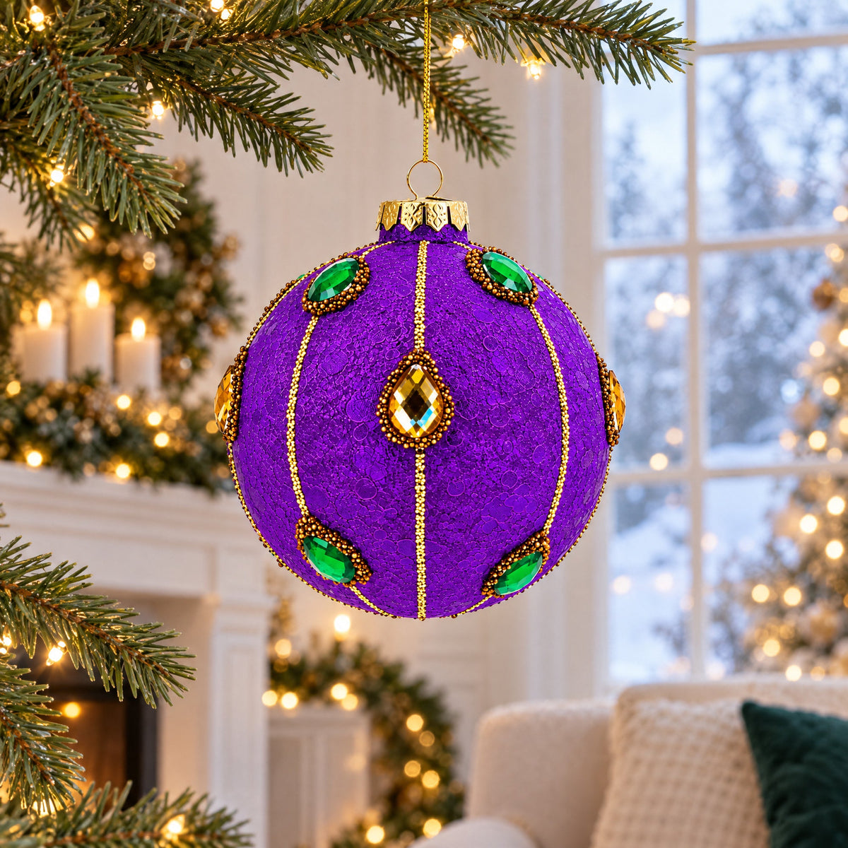 Jeweled-Accent Purple Ball Glass Ball Christmas Ornament