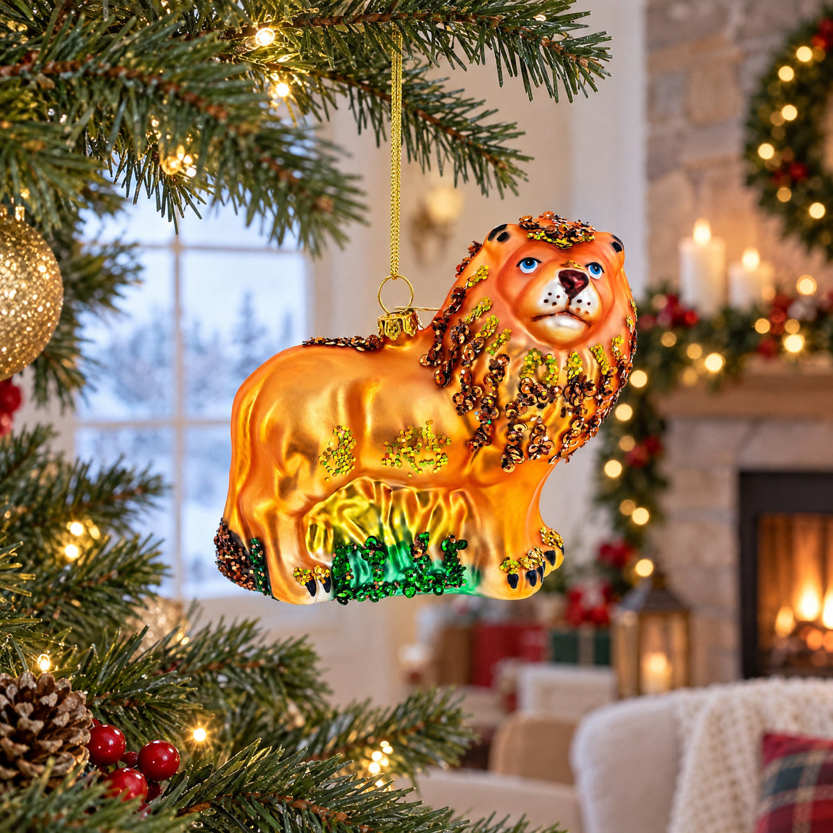 Glittered Lion Glass Christmas Ornament