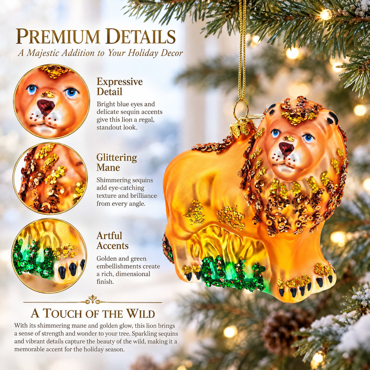 Glittered Lion Glass Christmas Ornament