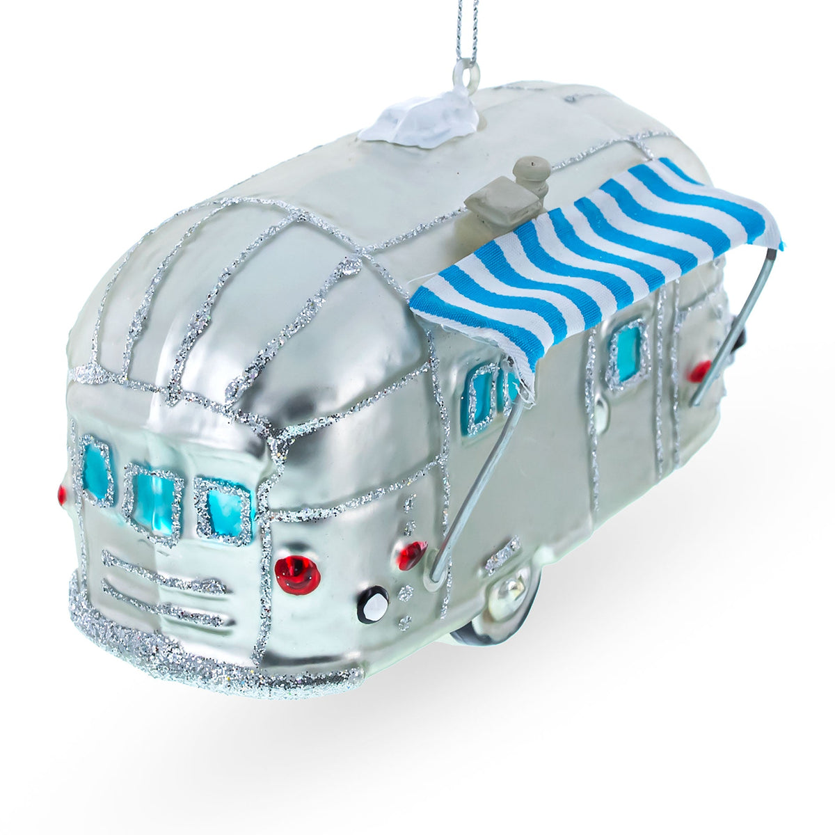 Camper Trailer with Awning Glass Christmas Ornament