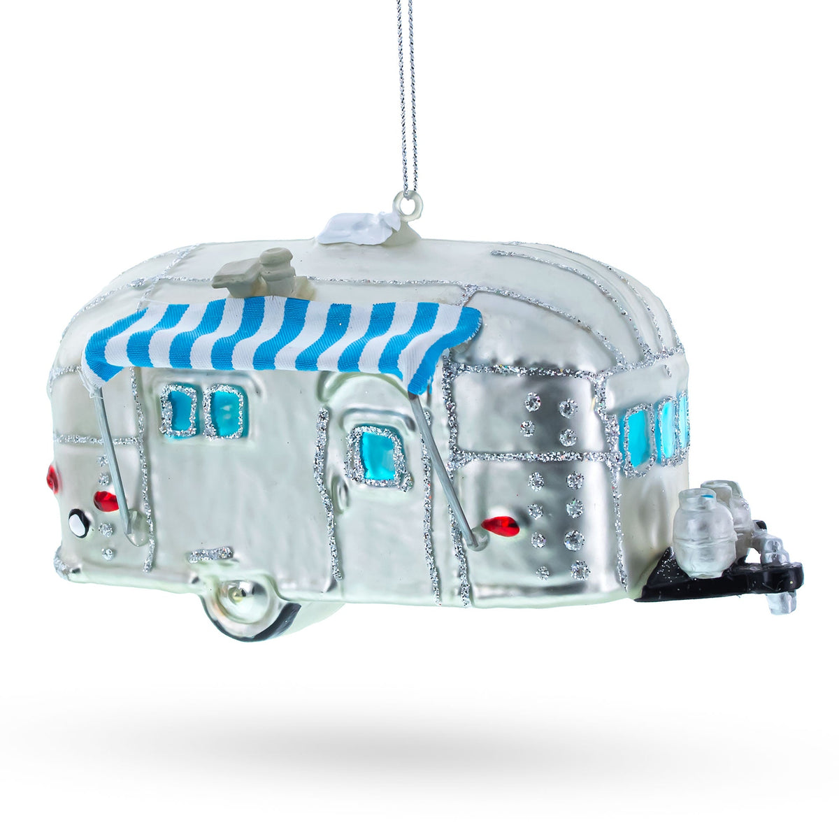 Camper Trailer with Awning Glass Christmas Ornament