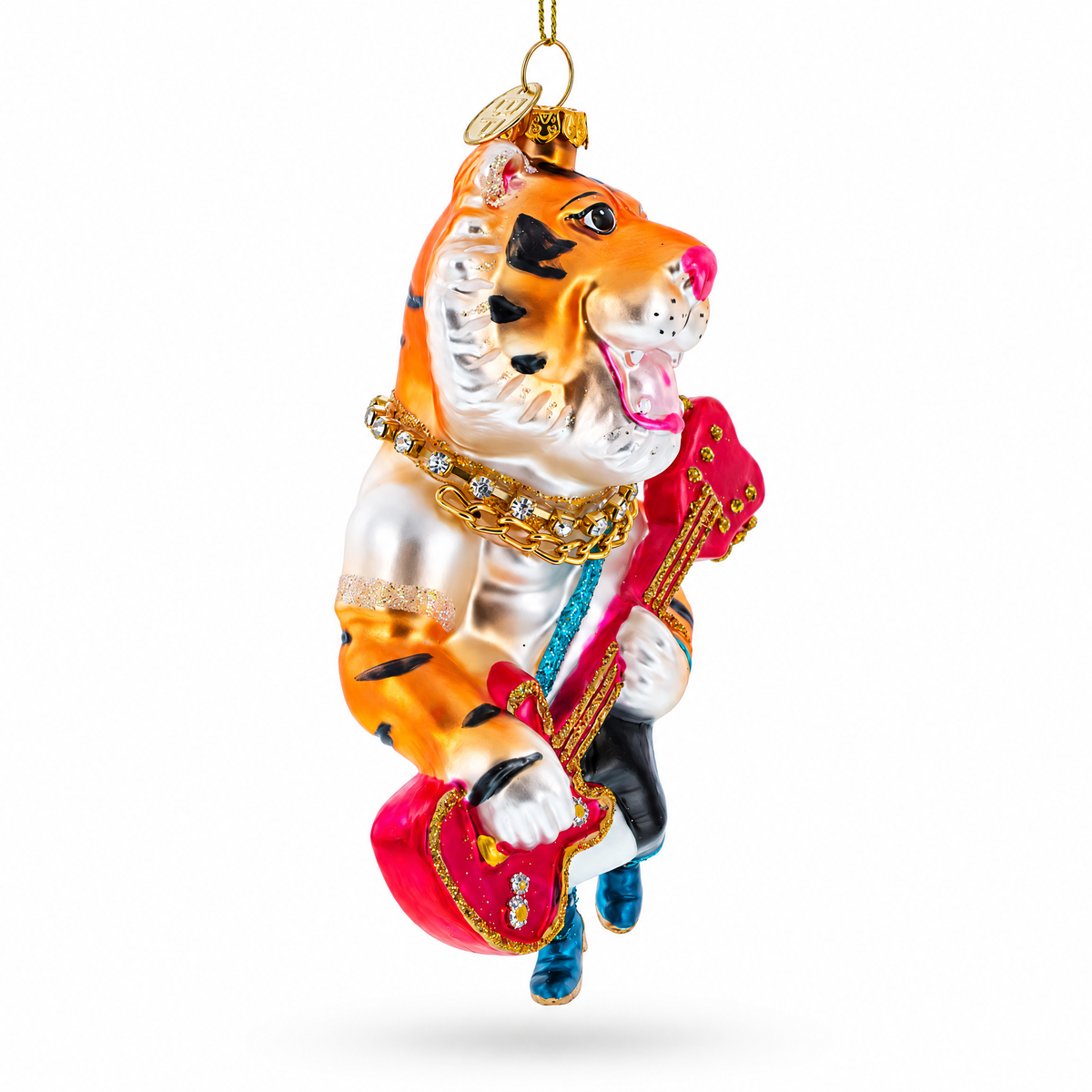 Rockstar Tiger with Guitar Glass Christmas Ornament