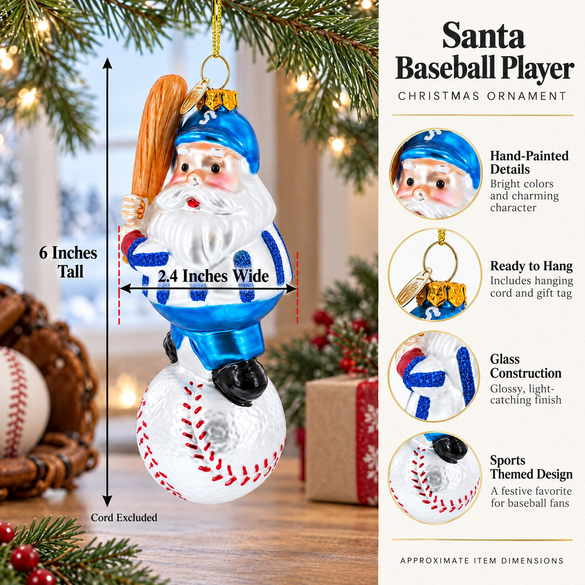 Santa the Baseball Player Glass Christmas Ornament