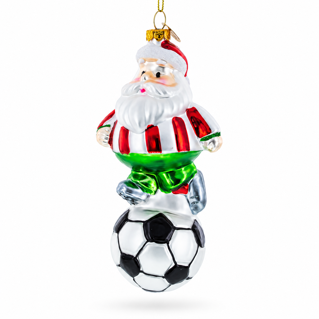 Santa the Soccer Player Glass Christmas Ornament