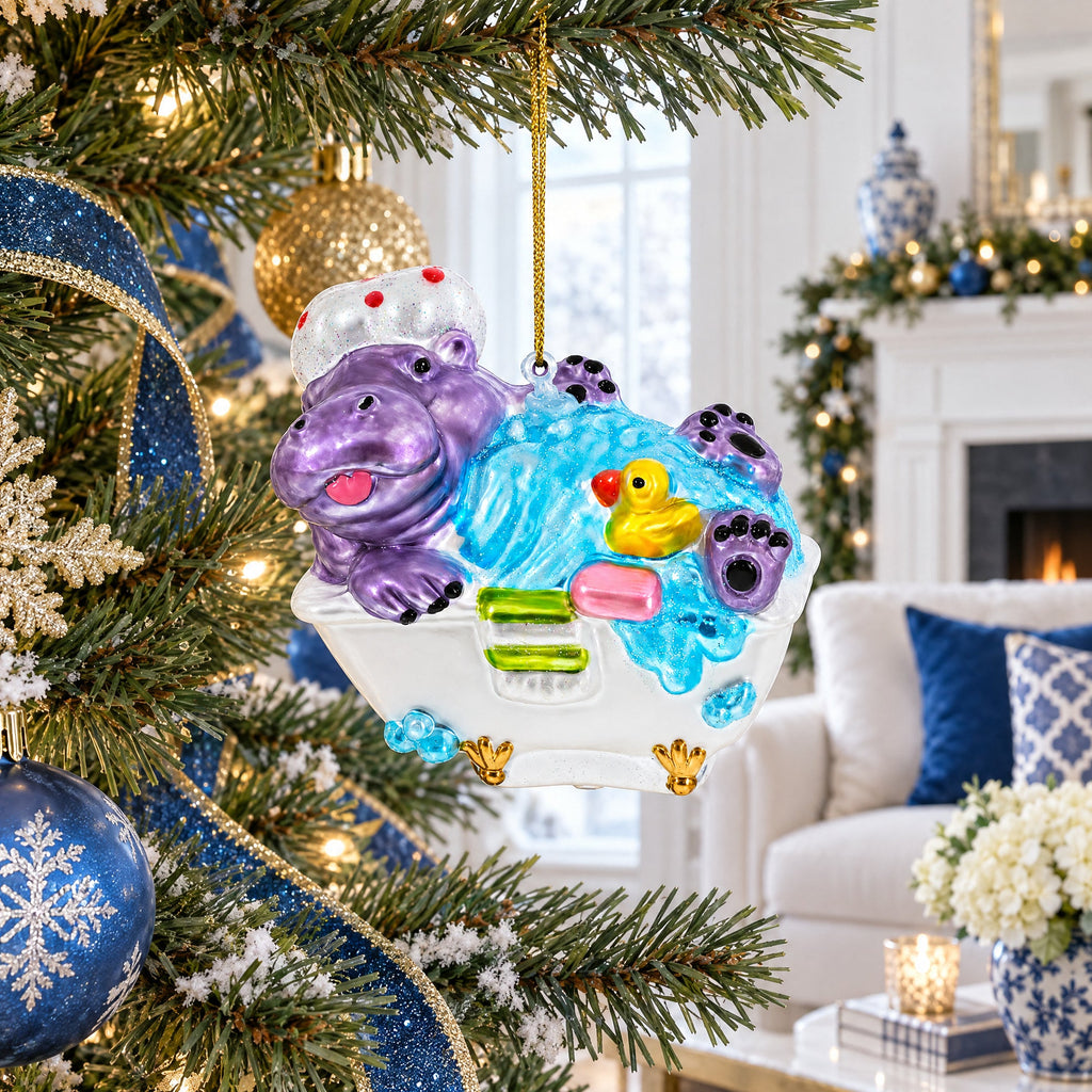 Hippo Taking Bath Glass Christmas Ornament