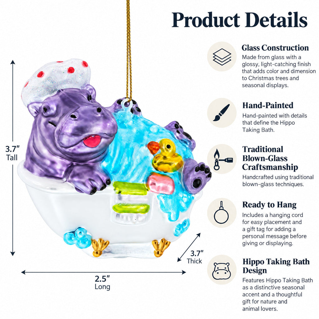 Hippo Taking Bath Glass Christmas Ornament