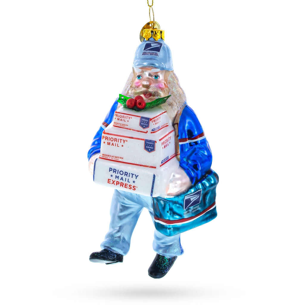 Mailman Delivering Priority Mail Glass Christmas Ornament